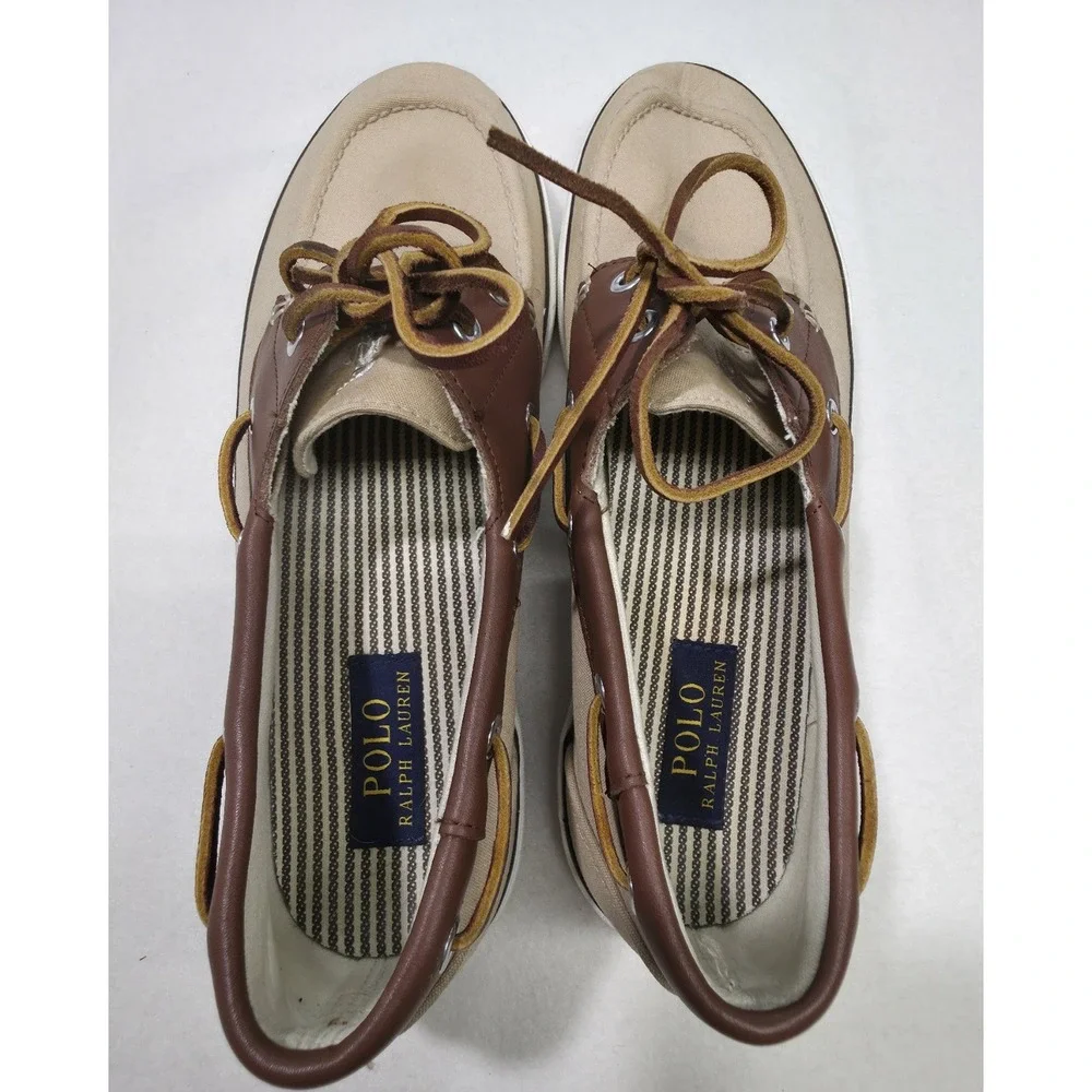 Polo Ralph Lauren Rylander Beige Canvas Brown Leather Boat‎ Shoe 11 D